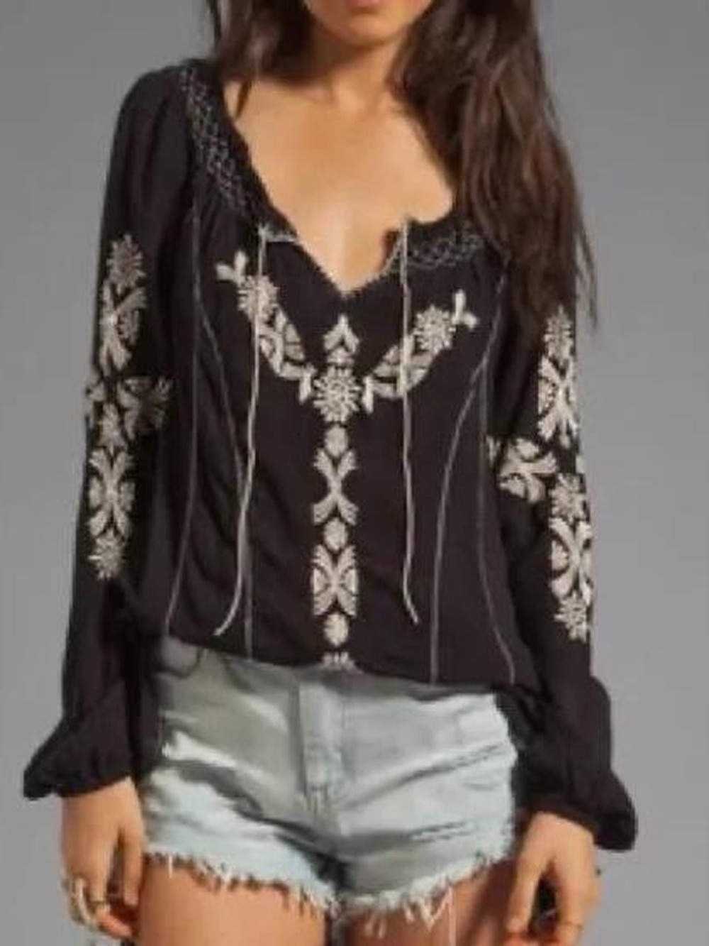 Free People Black Long Sleeve Embroidered Peasant Blouse Small